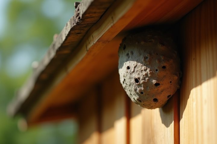 Grey papery wasp nest under the eave of a wooden house in summer sun