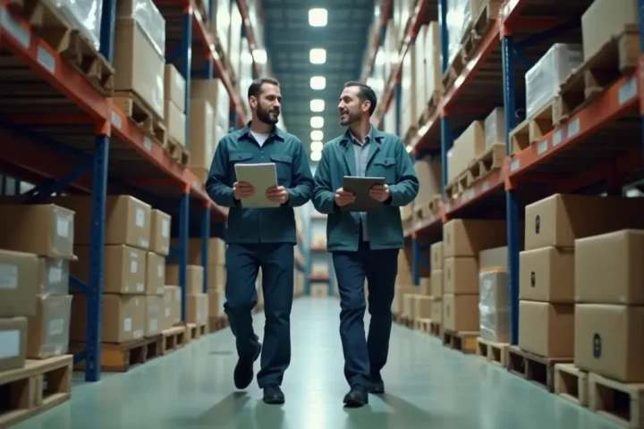 Pest control technician and facility manager walking a commercial warehouse aisle with a clipboard