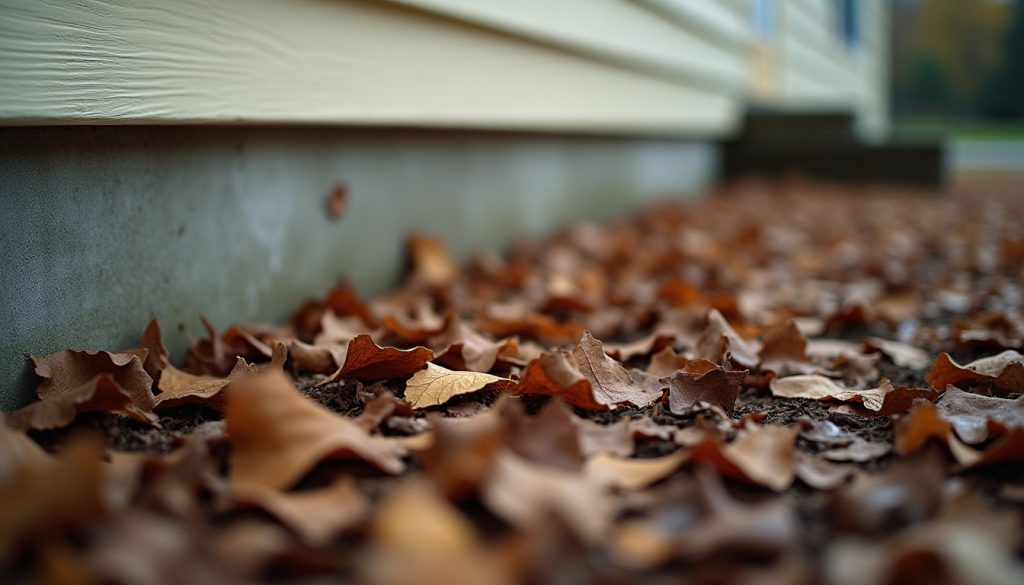Dry leaf litter and mulch at the base of a house foundation wall at night under raking torch light