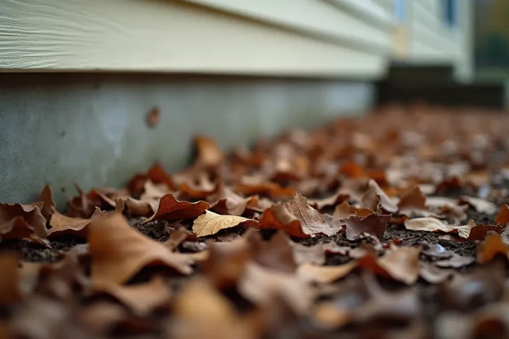 Dry leaf litter and mulch at the base of a house foundation wall at night under raking torch light
