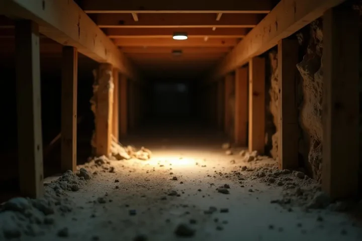 Exposed timber floor joist and subfloor seen from a crawl space under torchlight