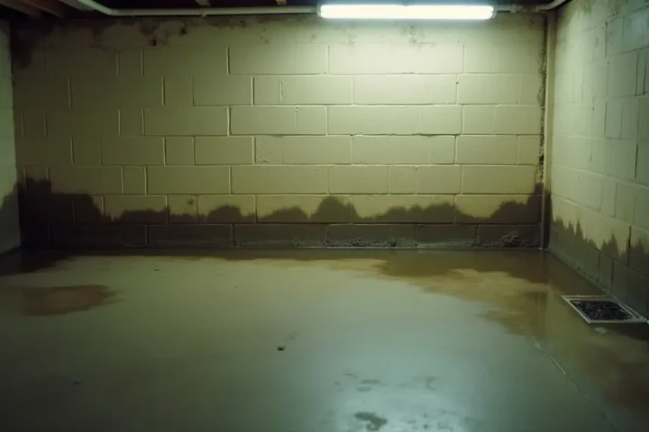 Damp concrete basement floor meeting a painted block wall with a dark water stain along the base