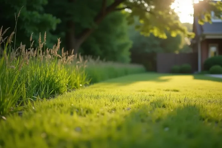 Mown lawn meeting tall unmown grass and brush at the edge of a yard