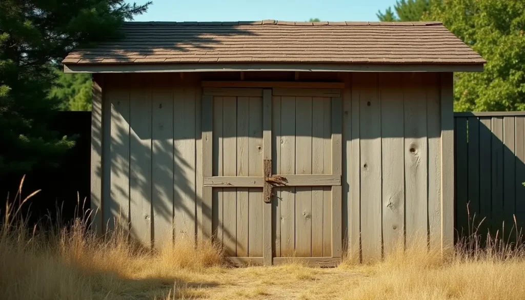 Weathered timber garden shed eave and soffit in late summer sun with dry grass below
