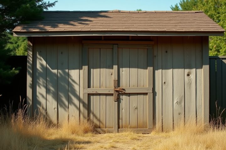 Weathered timber garden shed eave and soffit in late summer sun with dry grass below