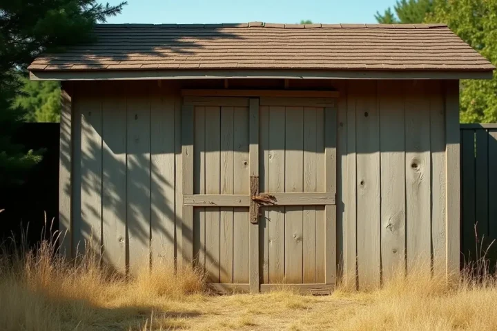 Weathered timber garden shed eave and soffit in late summer sun with dry grass below